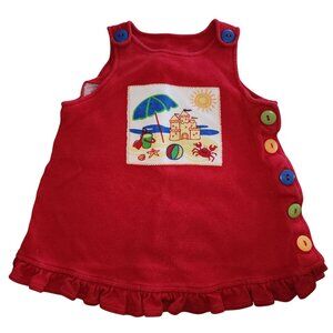 Vintage Baby Girl's Parisian BeBe Red Tank Top Dress Beach Scene 18 Months Butto